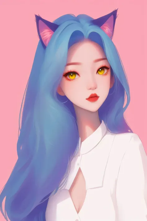 random hot and busty korean catgirl, cat ears, pastel color palette, no background, pastel background, colorful background, 