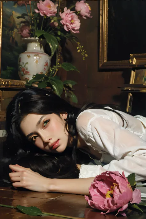 (oil painting:1.5),
\\
a woman with (long curtly hair ), ((green eyes)) is lie on the ground, peony, (amy sol:0.248), with  dress,  (stanley artgerm lau:0.106), (a detailed painting:0.353), (gothic art:0.106)