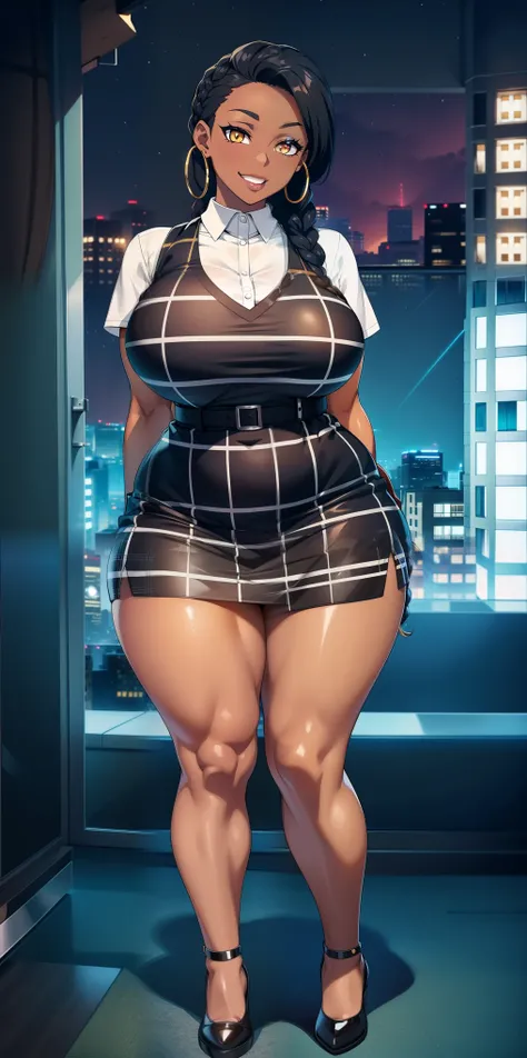 4K Quality, grinning, sexy pose, black plaid miniskirt, standing up, black african braids, dark skinned, thick thighs, big breasted, big ass, looking at viewer, braided hair, amber eyes, night time, bedroom eyes, full body, city background, perfect face, p...