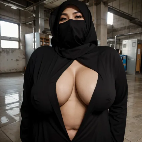 Hijab mom Indonesian big breast bbw in black suit