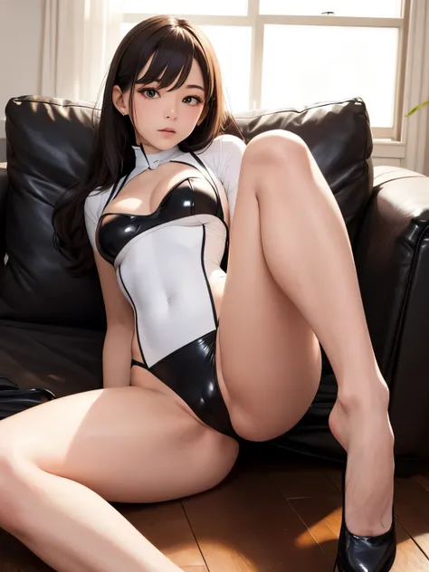  super high resolution , woman、Body-fitting costume、 bend your knees and open your legs、Lying on one&#39;s back、Perfect limbs、Show it off、small breasts、plump body、Hold your knee and open it left and right