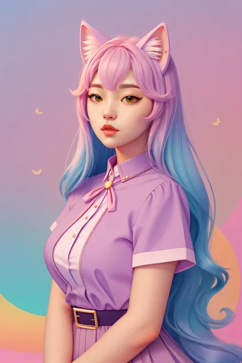 random hot and busty korean catgirl, cat ears, pastel color palette, no background, pastel background, colorful background, 