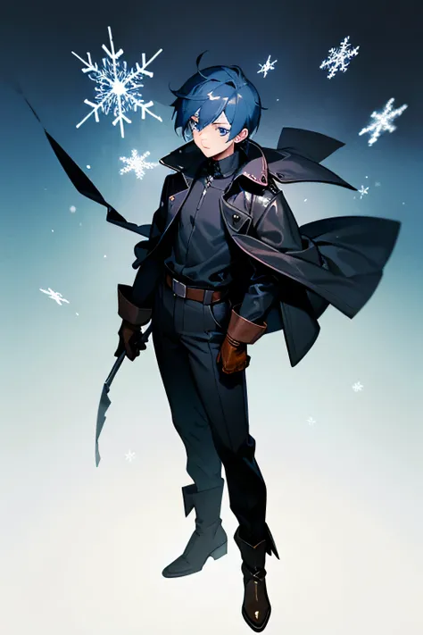 male adolescent character, with short navy blue hair, blue eyes with a shape of snowflakes , tight black long sleeve shirt and black sweatpants,  brown leather gloves , leather boots and a long black coat, in anime