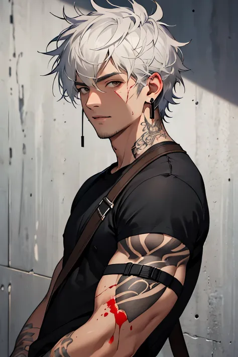 A man with messy white hair,  very fair skin, brown eyes,  a black t-shirt,  with a shoulder strap , and with blood on his face and with earrings,  very strong and clear skin . With a lot of tattoo on her arms