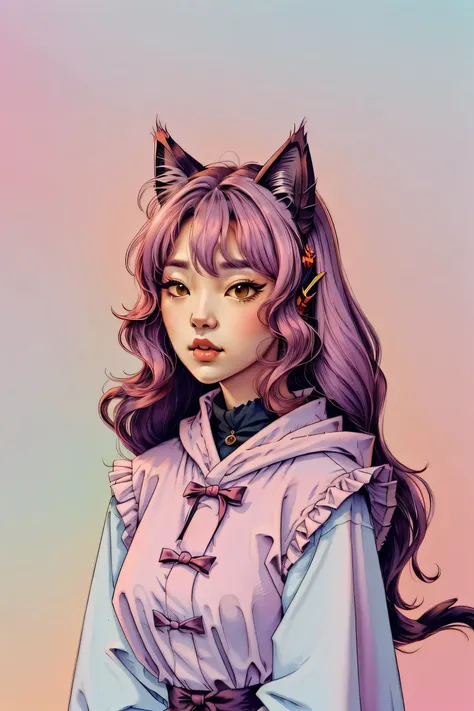 random hot and busty korean catgirl, cat ears, pastel color palette, no background, pastel background, colorful background, 