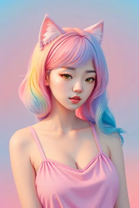 random hot and busty korean catgirl, cat ears, pastel color palette, no background, pastel background, colorful background, 