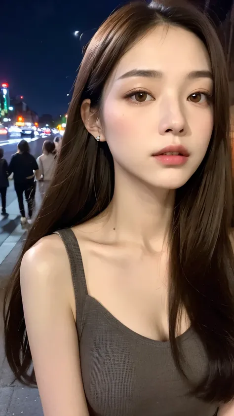 (Premium、high resolution、masterpiece:1.3)、 Beautiful Woman 、 Slim Body 、Dark Brown Hair、t-shirt、(City night streets )、Highly detailed face and skin texture、A Delicate Eye、 Double Eyelids、full bodyesbian