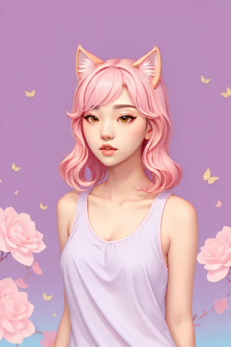 random hot and busty korean catgirl, cat ears, pastel color palette, no background, pastel background, colorful background, 