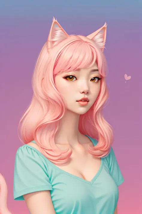 random hot and busty korean catgirl, cat ears, pastel color palette, no background, pastel background, colorful background, 