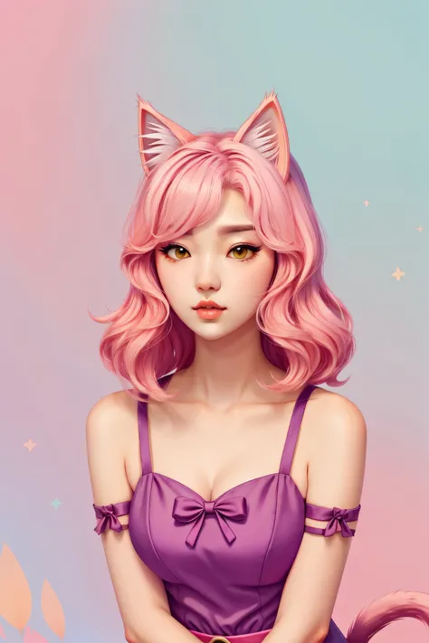 random hot and busty korean catgirl, cat ears, pastel color palette, no background, pastel background, colorful background, 