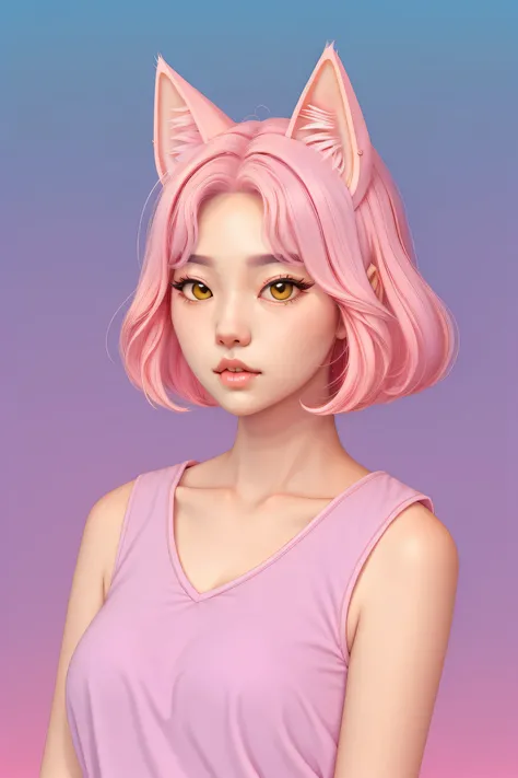 random hot and busty korean catgirl, cat ears, pastel color palette, no background, pastel background, colorful background, 