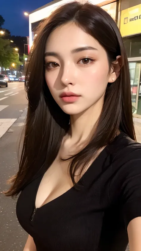 (Premium、high resolution、masterpiece:1.3)、 Beautiful Woman 、 Slim Body 、Dark Brown Hair、t-shirt、(City night streets )、Highly detailed face and skin texture、A Delicate Eye、 Double Eyelids、full bodyesbian