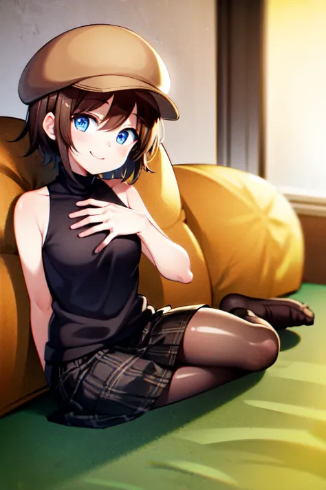 Helga Haruka, blue eyes, brown hair, short hair, Brown hat, black sweater, sleeveless turtleneck, plaid skirt, 1 girl, Alone, full body，smile,room