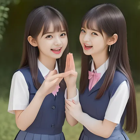 (highest quality, masterpiece, high resolution:1.2), 4K, (Photo quality detailed foreground: 1.2), geometry, ((Two ((14yo)) too beautiful noble seductive idles are whispering me with swelling pink microphone), Cute noble beautiful slender girl girly very-l...