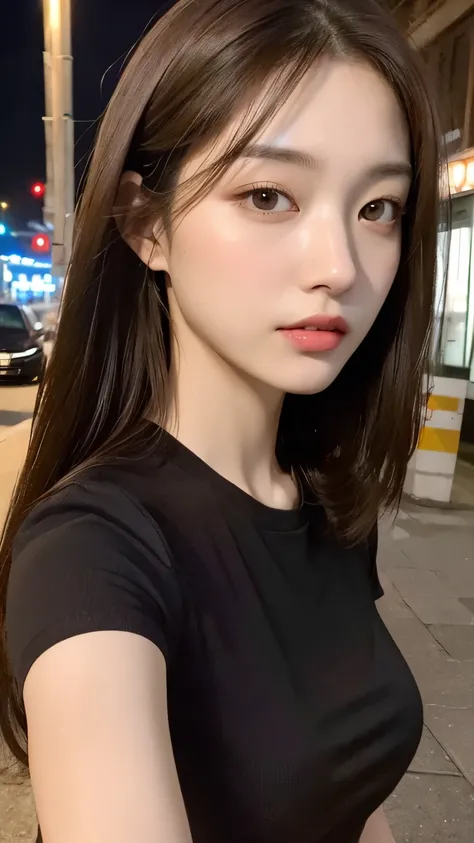 (Premium、high resolution、masterpiece:1.3)、 Beautiful Woman 、 Slim Body 、Dark Brown Hair、t-shirt、(City night streets )、Highly detailed face and skin texture、A Delicate Eye、 Double Eyelids、full bodyesbian