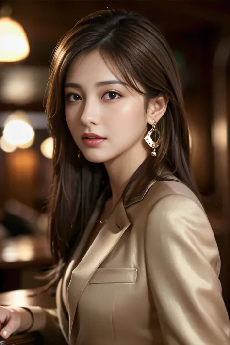 masterpiece, Highest quality, Realistic, Very detailed, Finer details, High resolution, 8k wallpaper, One beautiful woman, Wear a nice suit, In a nice pub, At night, Light brown messy hair, Perfect dynamic composition, Beautiful and beautiful eyes、Big earr...