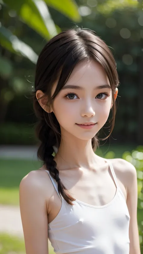 Anorexic super-skinny model body type,upper body,High Resolution,masterpiece,Top Quality,very well detailed,1 person,white skin,skinny, slim,braiding,Thin arms,Narrow shoulders,smile,perfect faces,viewers,ish,1,(flat chest:1.0),Nipples, Please raise your h...