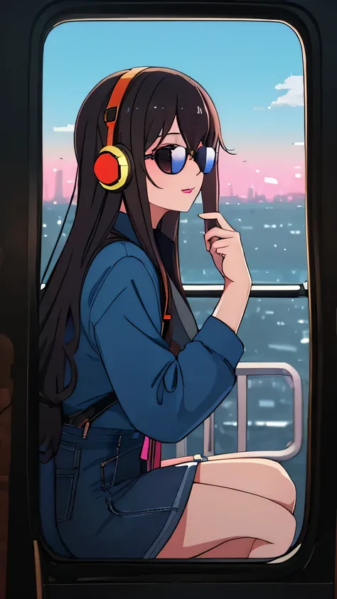 A young woman of mixed ethnicity, around her late 20s, is featured prominently on the right side of the image. She has long, straight black hair and is wearing stylish round, tinted pink sunglasses and large blue headphones. Her facial expression is confid...