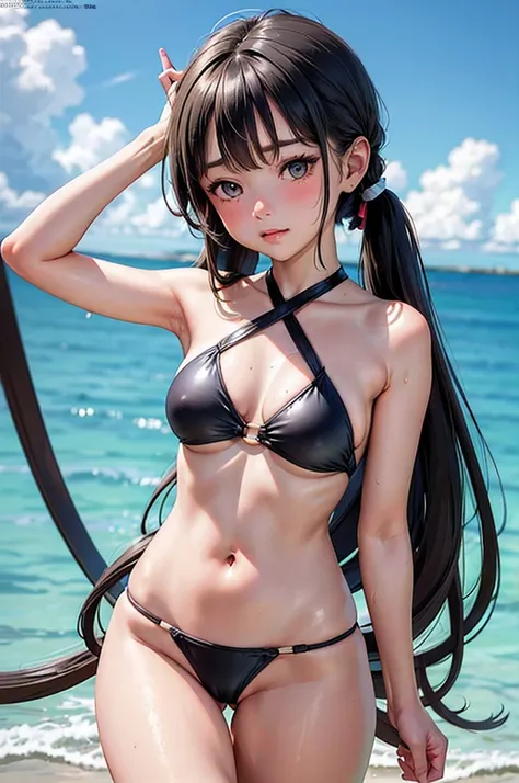 masterpiece,best quality,{{detailed beautiful face and eyes}}, very detailed background, Mary Saotome,{{{megami magazine}}},long hair,blonde hair,hair between eyes,twintails,black hair ribbon,{brown eyes:1.0},medium breasts, ((black swimsuit high leg swims...