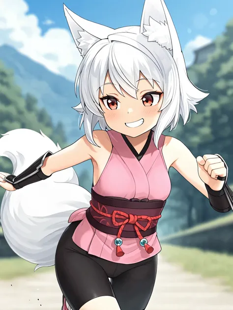 1girl, Kitsu, white hair, short hair, hair fox ears, red eyes, 2 fox tail, black shorts, bike shorts, pink gi, sleeveless, armguards,

(dynamic pose), running, happy, smile,

masterpiece, best quality,amazing quality, very aesthetic, absurdres, depth of fi...