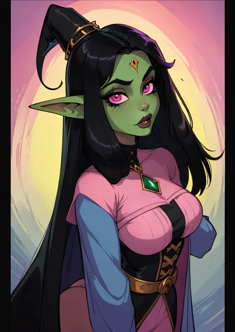 masterpiece, best quality, 1female, beautiful, face portrait, 1girl, face focus, deep makeup, cell shading, straight hair, long hair, goth, black hair, witch, pink eyes, goblin girl, green skin