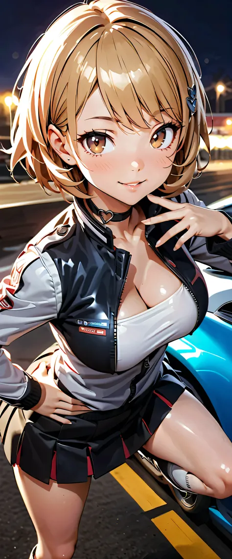  Top Quality,  Ultra High Resolution,  1 person,   small breasts,   black chokers, smile,  Expose your shoulders,  just focus ,   Viewer, white skin,Car Race Track, photon mapping to  Viewer,  Physically Based Rendering,  RAW photo ,  very detailed backgro...