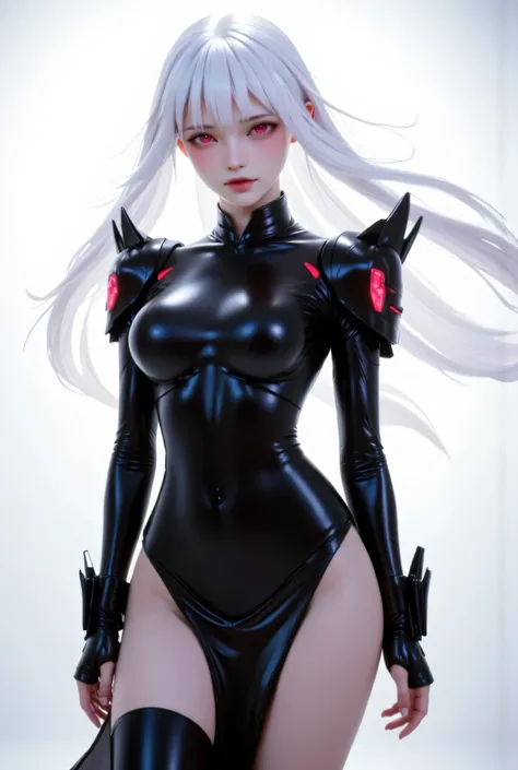 Create an anime-style character with long white hair and red eyes. The character is wearing a sleek black full bodysuit and long black sleek slit skirt on her lower body. Costume has dark red accents on the shoulders armor and red led on armor. The outfit ...