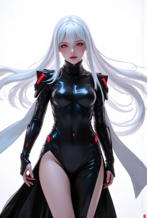 Create an anime-style character with long white hair and red eyes. The character is wearing a sleek black full bodysuit and long black sleek slit skirt. Costume has dark red accents on the shoulders armor and red led on armor. The outfit has a modern desig...