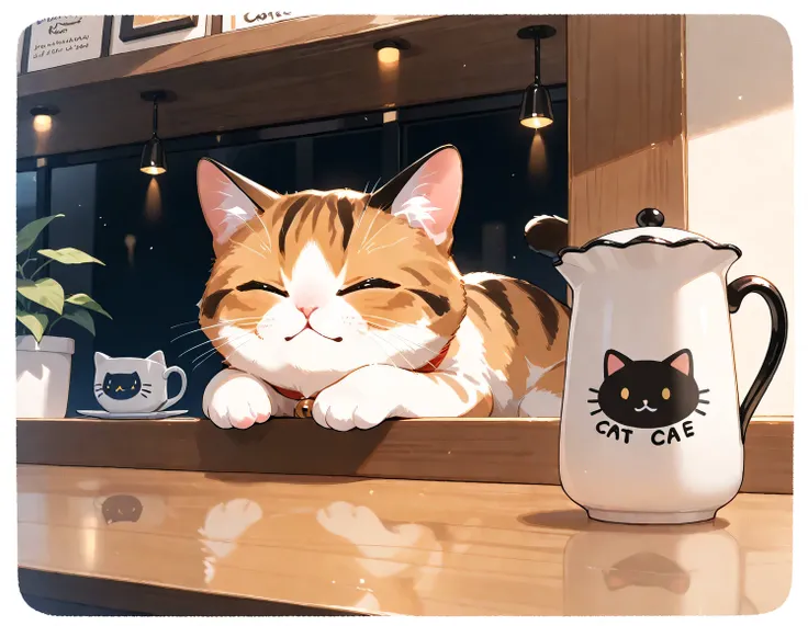 (masterpiece), (best quality), (ultra-detailed), cat cafe, cat focus,drinking cat, no human, chibi,
