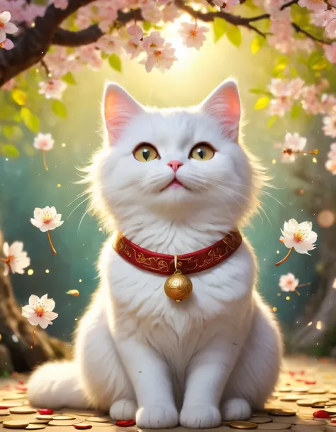 A beautiful, lucky white cat sitting gracefully with a soft, fluffy coat. The cat has bright, shining eyes, a gentle smile, and a golden bell on its collar. Surrounding the cat are golden coins and cherry blossom petals, symbolizing good fortune. The backg...