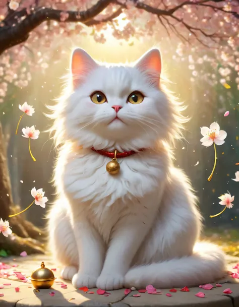 A beautiful, lucky white cat sitting gracefully with a soft, fluffy coat. The cat has bright, shining eyes, a gentle smile, and a golden bell on its collar. Surrounding the cat are golden coins and cherry blossom petals, symbolizing good fortune. The backg...