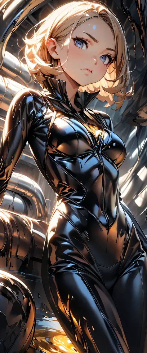 (Best Quality:1.2, very well detailed, high detail, high contrast, masterpiece:1.2, Best Quality, Aesthetics at its best),  female 1 person,  assassins with a pout face, Mercury Body, Metal Suit, LIQUID METAL:1.2,  melting body, The body melts,  Melting Fe...