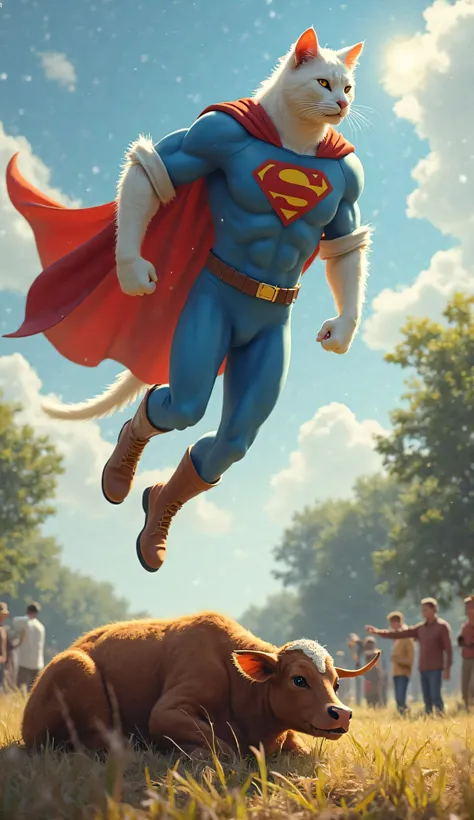 Supercat :   tall, humanoid super-powered male cat with pristine white fur, sharp facial features,Wear a blue pant and a light blue superstar shirt with rolled-up sleeve, leather boot and belt.

Supercat soars through the sky once again, its cape billowing...