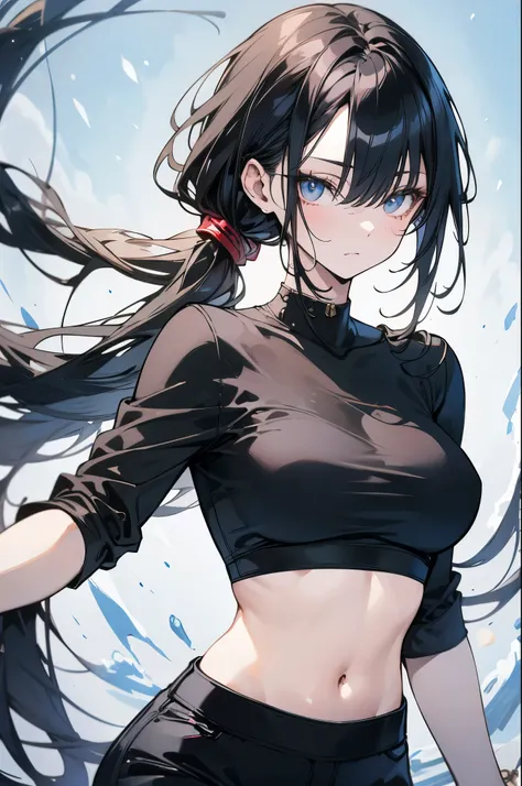 anime. adult woman. Mature Woman. Wear a black top.  black pants. Bare abdomen. defined abdomen. ponytail. black hair. Cold and expressionless face 