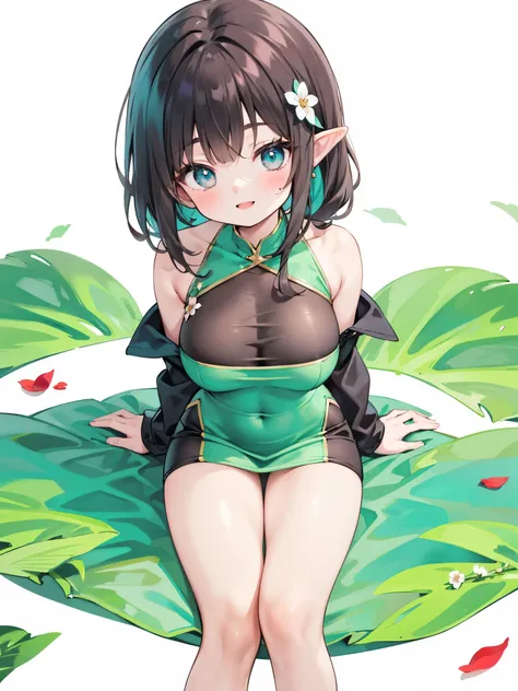 detailed image, beautiful image, an elf, dark hair, long hair, turquoise eyes, large breasts, short waist, wide hips, thick thighs. She is wearing a dongtan dress, flower petals falling around her, smiling, sitting, view from above. white background, ambie...