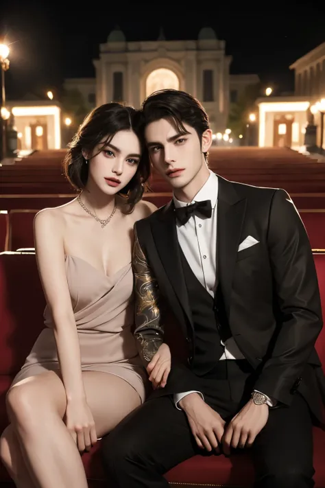 modern. Dress neatly. Elegant Couple ,  Masculine Man and Beautiful Girl. Dark hair.  Very Detailed Faces .  pretty eyes (Perfect eyes).  8K resolution on the front. masterpiece. Romantic, like, flash.  is watching the audience.  Movie Posters .