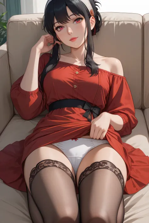 Yor Forger，Jorfogel，black hair，White headband ，Hair up， with bangs，red dress，Low Breasted Off Shoulder ，pure red dress，The skirt is relatively short，Black stockings，Lace stockings， lying on the sofa，Kneeling on the legs， lean forward ，Hip lift，accurate bod...