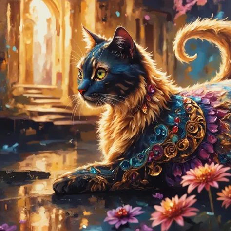 Expressive oil painting portrayal of a white cat's face with penetrating sapphire blue eyes, visible individual brushstrokes creating the cat's features that gradually fade into nothingness at the edges giving an ephemeral quality, elaborate golden filigre...