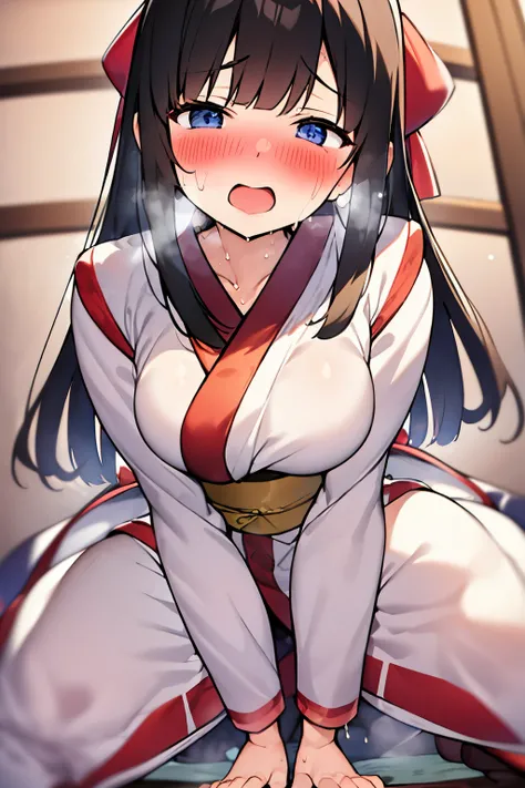  Shot from directly below、Japanese-style house、futon、Nakoruru、 black hair、ribbon、Shrine maiden、squatting,cowgirl position,blush、sweat、