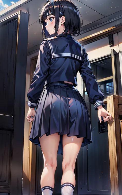 (highly detailed CG Unity 8K), (best quality)，(very well detailed)，( super high resolution ),   black hair, High school girl wearing a navy blue long sleeve sailor suit, navy blue skirt from the bottom of the seat、navy blue skirt from the bottom of the sea...