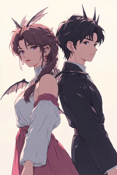 1girl, 1boy, horns, school uniform, pointy ears, wings, earrings, serafuku, jewelry, white background, upper body, red eyes, demon wings, demon horns, demon boy, simple background, back-to-back, pink eyes, parted lips, black serafuku, brown hair, demon gir...