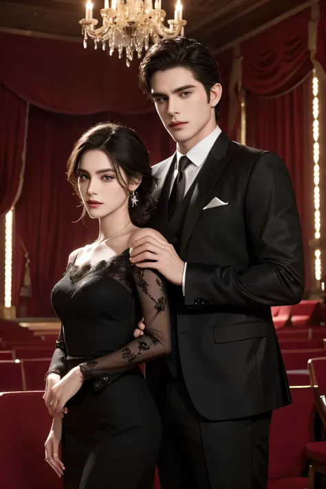 modern. Dress neatly. Elegant Couple ,  Masculine Man and Beautiful Girl. Dark hair.  Very Detailed Faces .  pretty eyes (Perfect eyes).  8K resolution on the front. masterpiece. Romantic, like, flash.  is watching the audience.  Movie Posters .