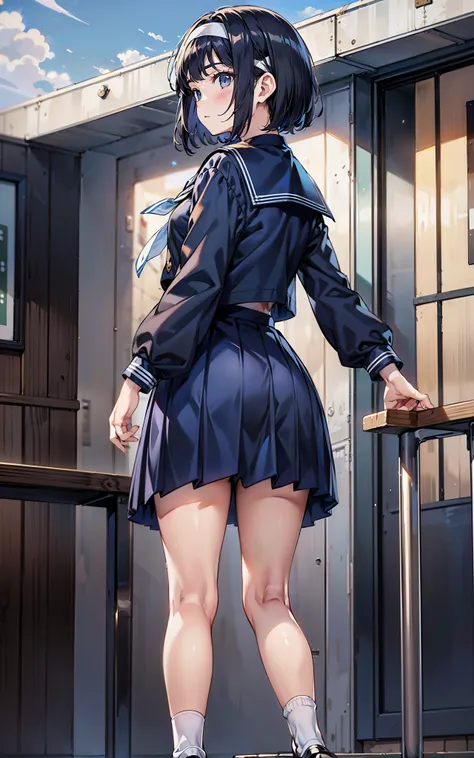 (highly detailed CG Unity 8K), (best quality)，(very well detailed)，( super high resolution ),   black hair, High school girl wearing a navy blue long sleeve sailor suit, navy blue skirt from the bottom of the seat、navy blue skirt from the bottom of the sea...