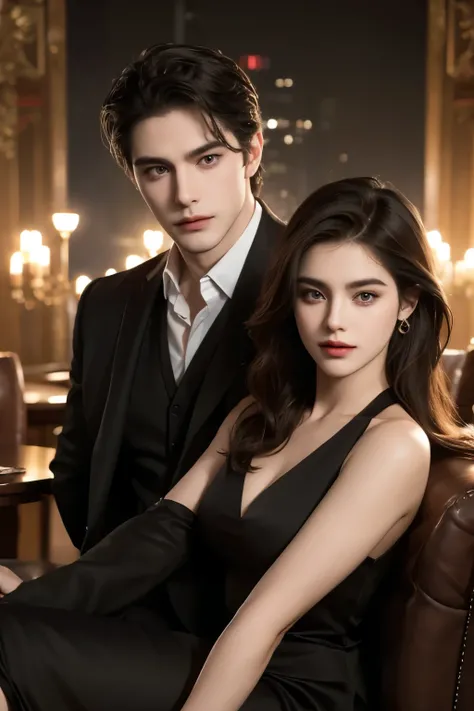 modern. Dress neatly. Elegant Couple ,  Masculine Man and Beautiful Girl. Dark hair.  Very Detailed Faces .  pretty eyes (Perfect eyes).  8K resolution on the front. masterpiece. Romantic, like, flash.  is watching the audience.  Movie Posters .