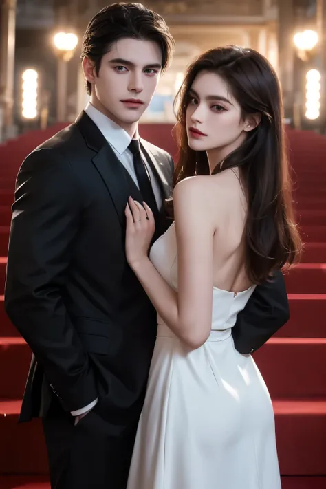 modern. Dress neatly. Elegant Couple ,  Masculine Man and Beautiful Girl. Dark hair.  Very Detailed Faces .  pretty eyes (Perfect eyes).  8K resolution on the front. masterpiece. Romantic, like, flash.  is watching the audience.  Movie Posters .