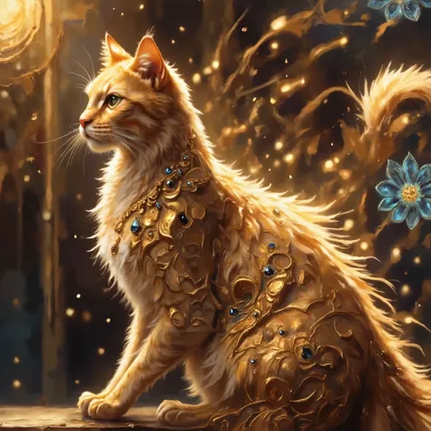 Expressive oil painting portrayal of a white cat's face with penetrating sapphire blue eyes, visible individual brushstrokes creating the cat's features that gradually fade into nothingness at the edges giving an ephemeral quality, elaborate golden filigre...