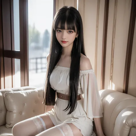 ( girl sitting on office couch ))、High technical level:1.1 Photo Real、 natural light:1.5、Light Effects(virtual light effects:1.5、Natural Light Effects:1.5、Light Effects:1.5、Light Effects:1. 8)、(( straight bangs 、Princess Bang))、 Princess cut、 straight bang...