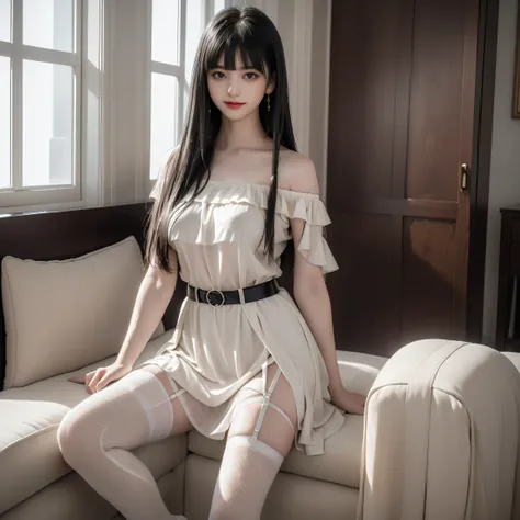 ( girl sitting on office couch ))、High technical level:1.1 Photo Real、 natural light:1.5、Light Effects(virtual light effects:1.5、Natural Light Effects:1.5、Light Effects:1.5、Light Effects:1. 8)、(( straight bangs 、Princess Bang))、 Princess cut、 straight bang...