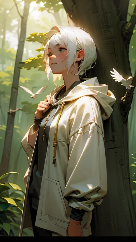 a white hoodie girl, white hair, serene expression, standing in a tranquil forest clearing, sun shining through the trees, birds chirping, 4K, highly detailed, photorealistic, cinematic lighting, fantasy portrait, digital painting, intricate details, soft ...