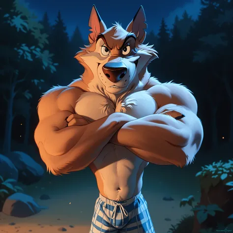 Kaltag pny, alaskan malamute, solo, detailed, detailed face, detailed eyes, anthro body, male, adult, very muscular:1.1, cartoon shading, cel shaded:1.0, flat colors, shirtless, wfa style, negger style, cartoony anatomy, above waist, looking at viewer, arm...